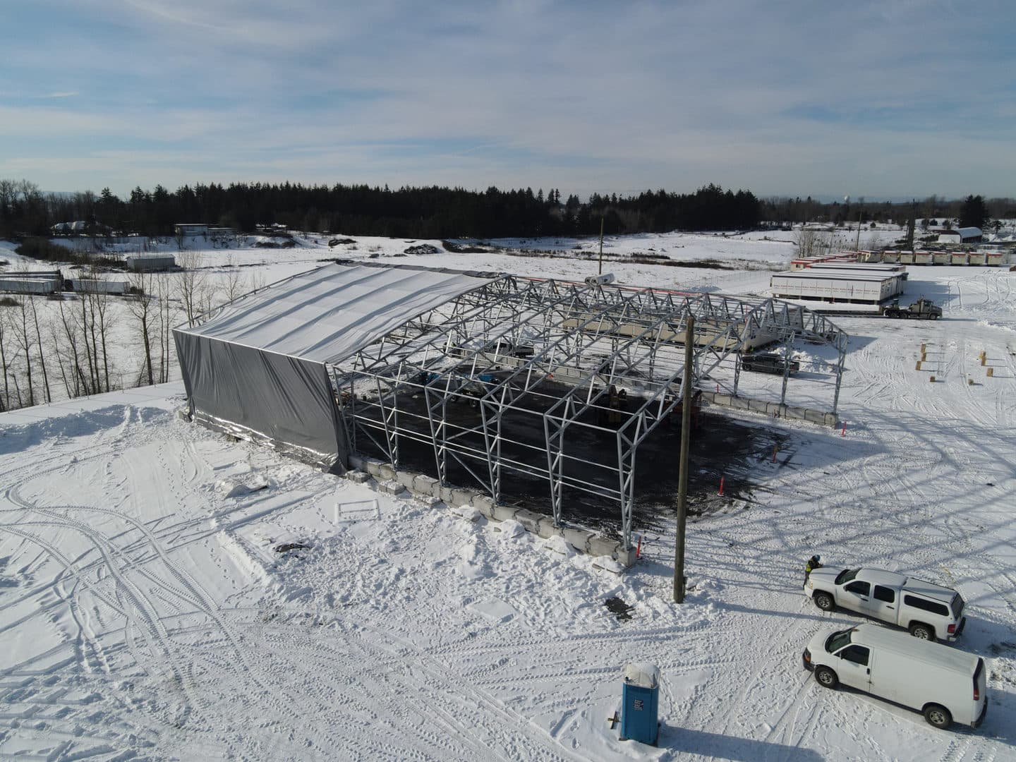 Fabric building structural frame before cover installation.